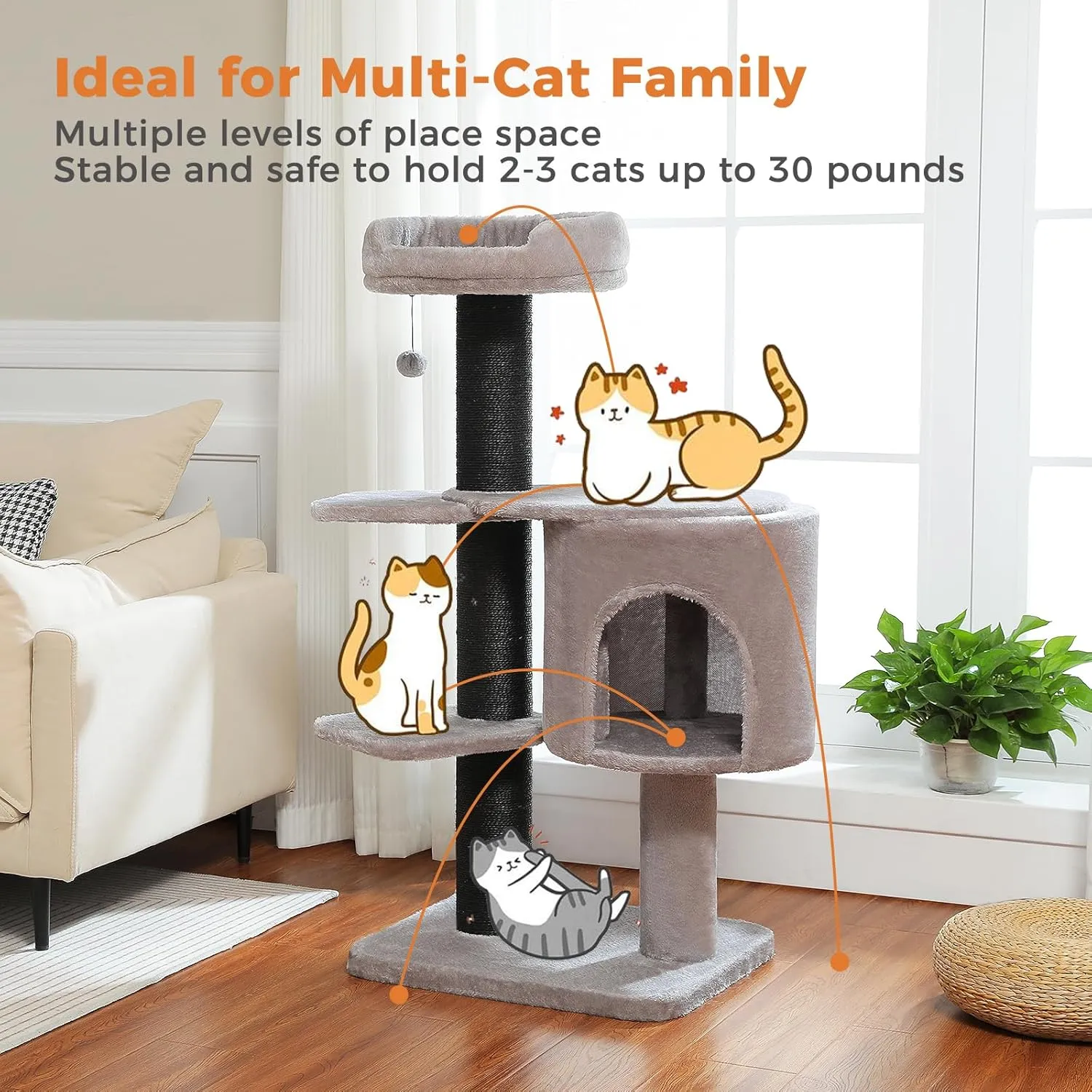 50-Inch Heavy-Duty Cat Tree for Large Cats - Sturdy Cat Tower with Extra-Thick Scratching Posts (4.3), Spacious Condo, 2-Layer Baseboard - Supports Maine Coon & Big Cats up to 16 lbs, Black