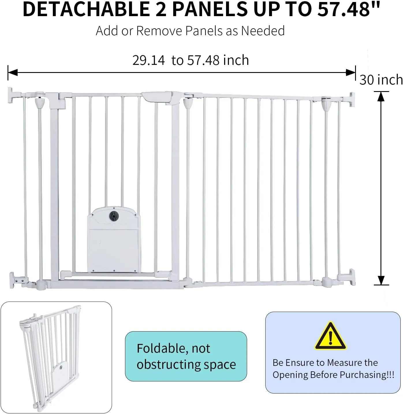 57.48" Extra Wide Baby Gate with Cat Door, Auto Close Pet Gates Dog Gate, Hardware Mounted Walk Through Swing Safety Baby Gates for Stairs, Doorways, Kitchen, House, 30" Tall, 2 Panels
