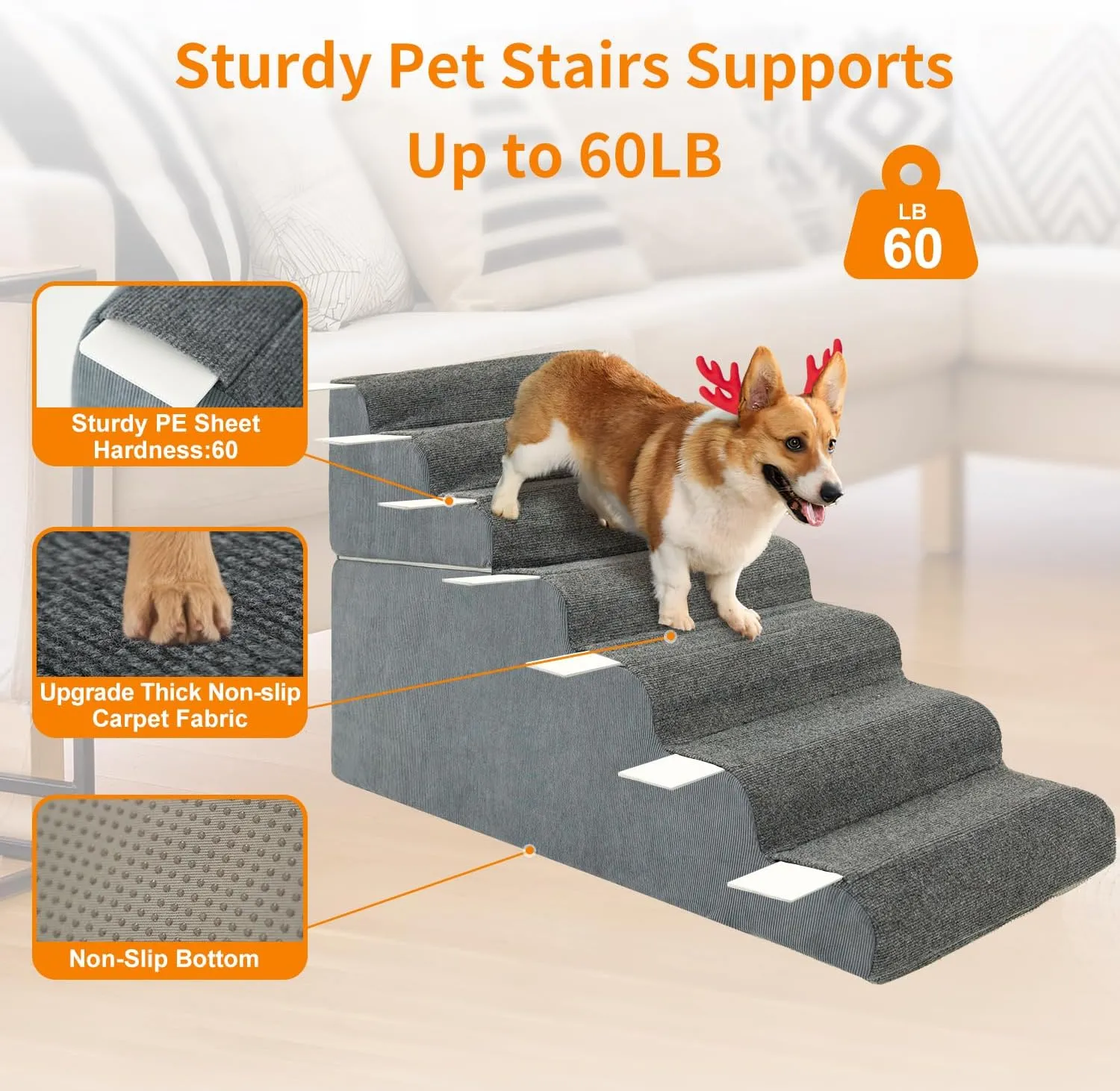 7-Steps Dog Stairs for High Bed and Couch 29.5" H, Wider Pet Stairs for Small Old Large Dogs Cats, 30Steady Non-Slip Dog Steps, Washable Dog Ramp with Removable Cover, PE Boards