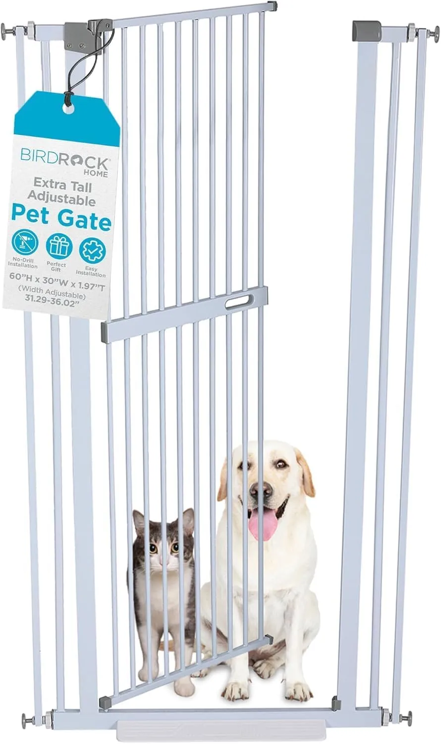 BIRDROCK HOME Extra Tall Cat Gate for Doorways - 60in Tall No Climb Pet Barrier - Adjustable Indoor Safety, No Drilling, Pressure Mounted - Gate for Cats, Dogs and Puppies - White - 31-36in Width
