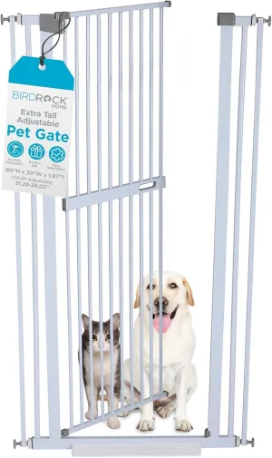 BIRDROCK HOME Extra Tall Cat Gate for Doorways - 60in Tall No Climb Pet Barrier - Adjustable Indoor Safety, No Drilling, Pressure Mounted - Gate for Cats, Dogs and Puppies - White - 31-36in Width