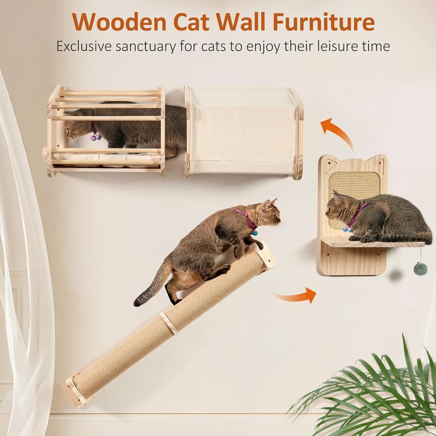 Cat Wall Shelves & Climbing Set - Wooden Wall-Mounted 5-Piece Multi-Level Cat Wall Furniture with Ladders, Scratching Posts, Perches & House for Climbing, Jumping, Scratching