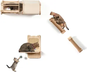 Cat Wall Shelves & Climbing Set - Wooden Wall-Mounted 5-Piece Multi-Level Cat Wall Furniture with Ladders, Scratching Posts, Perches & House for Climbing, Jumping, Scratching