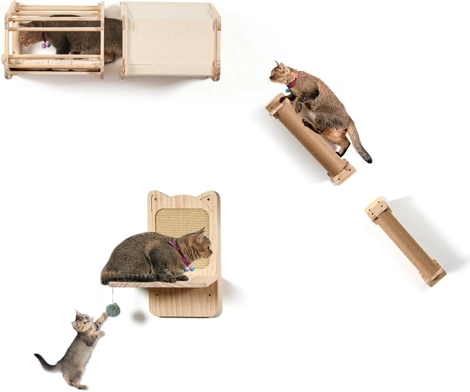 Cat Wall Shelves & Climbing Set - Wooden Wall-Mounted 5-Piece Multi-Level Cat Wall Furniture with Ladders, Scratching Posts, Perches & House for Climbing, Jumping, Scratching