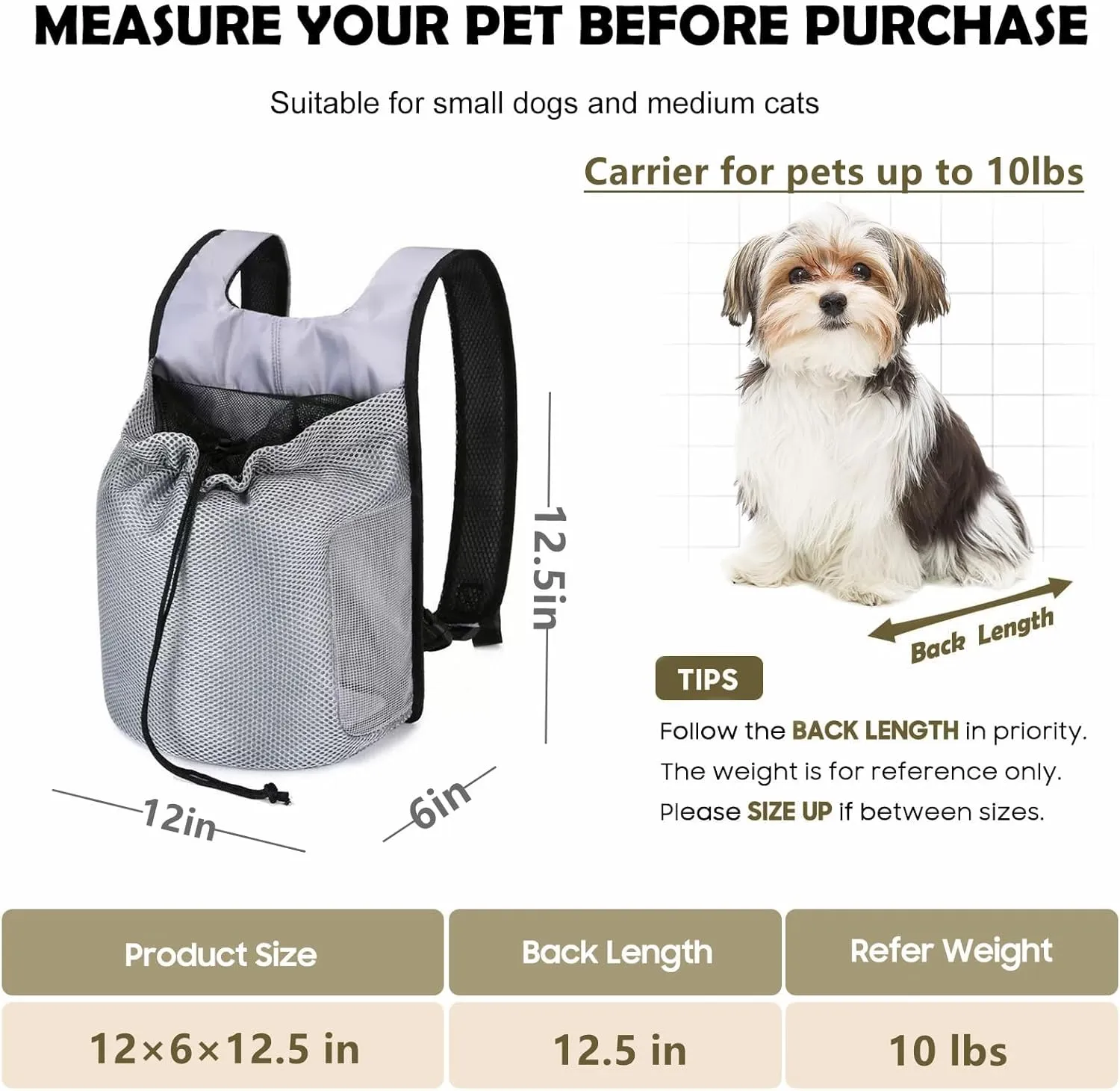 Dog Front Backpack Carrier Cat Carrier Pet Travel Carriers for Small Dogs and Cats Puppy Kitten Travel Backpack Lightweight Doggy Backpack,Ventilated Mesh(Gray)