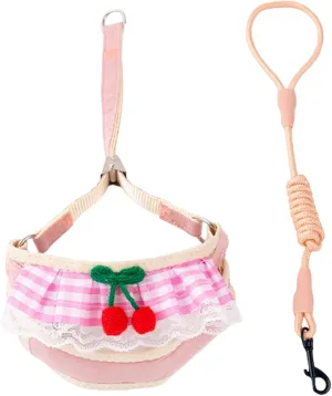 Dog Harness and Leash Set Lace Design Cute Cherry Soft Breathable Adjustable Puppy Harness and Leash Set S