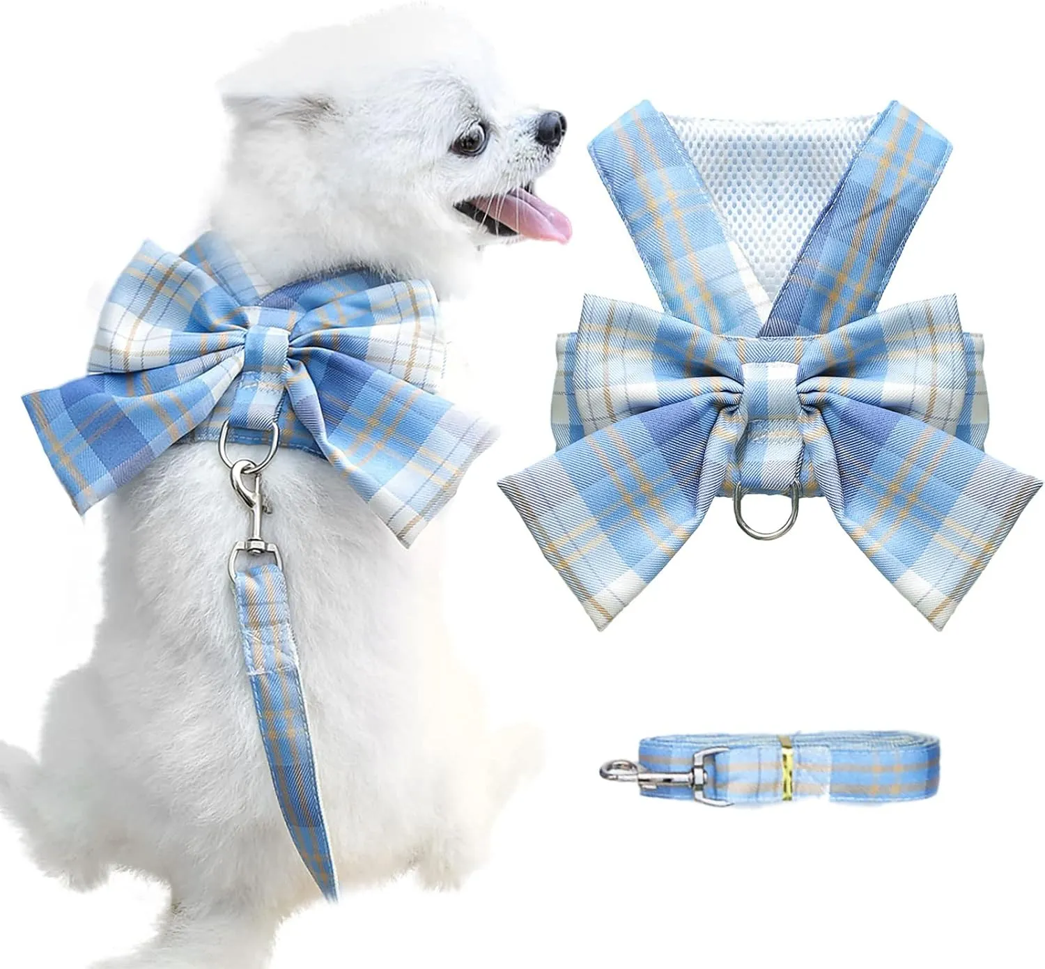 Dog Harness for Small Dogs with Bow Small Harness for Girl Dogs with D-Ring Soft Mesh Adjustable Harness Set Puppy Pet Harness and Leash