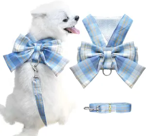 Dog Harness for Small Dogs with Bow Small Harness for Girl Dogs with D-Ring Soft Mesh Adjustable Harness Set Puppy Pet Harness and Leash