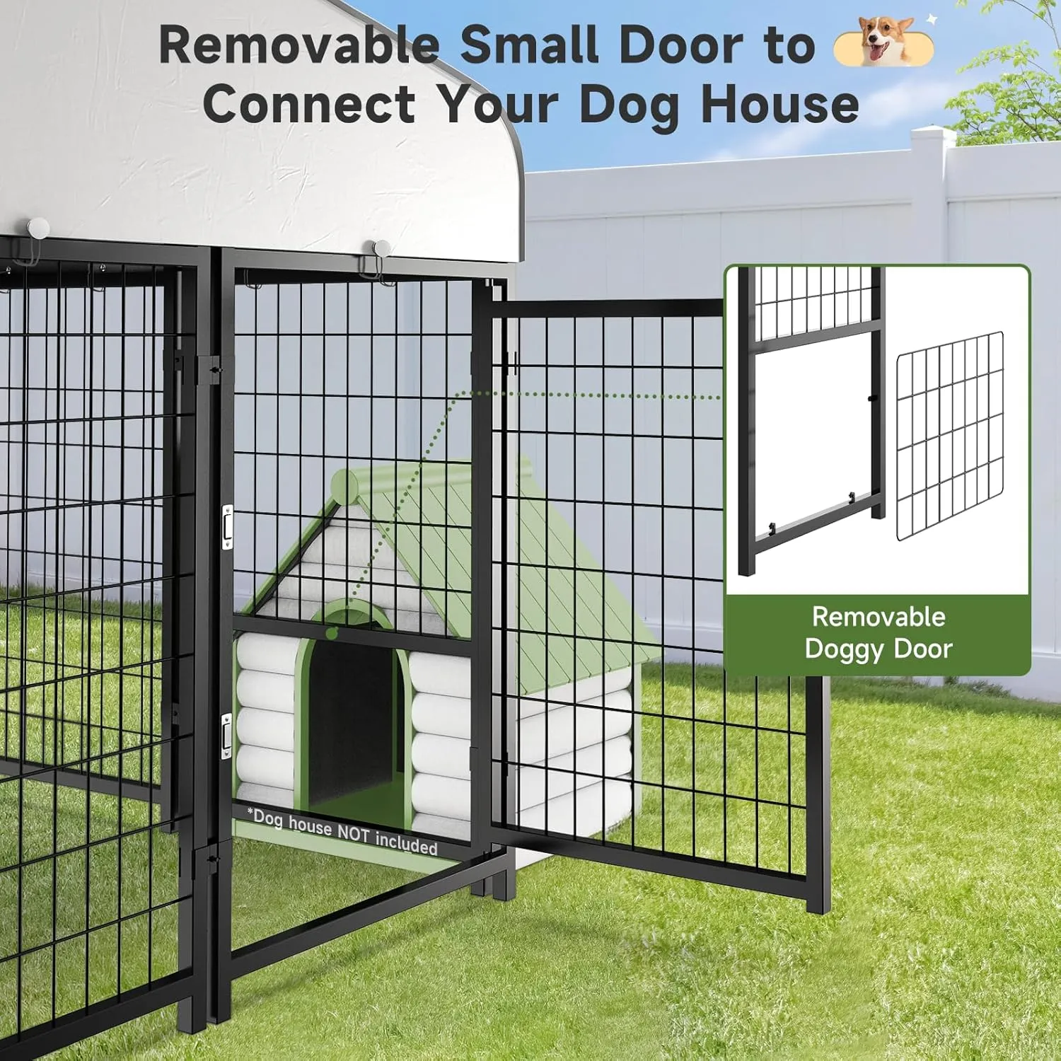 Dog Kennel Pen Outside Outdoor Dog Run with Roof, Feeders/Removable Doggy Door Allow Connecting Your Dog House- Square Pet Enclosure Outside Yard for Small/Medium Dogs(4'L x 4'W x 4.5'H)