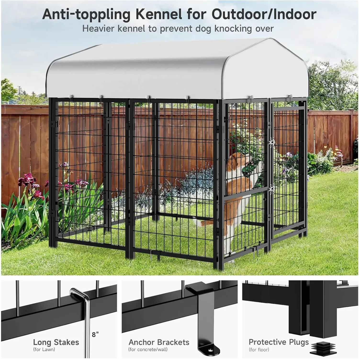Dog Kennel Pen Outside Outdoor Dog Run with Roof, Feeders/Removable Doggy Door Allow Connecting Your Dog House- Square Pet Enclosure Outside Yard for Small/Medium Dogs(4'L x 4'W x 4.5'H)
