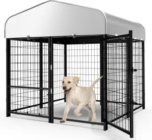 Dog Kennel Pen Outside Outdoor Dog Run with Roof, Feeders/Removable Doggy Door Allow Connecting Your Dog House- Square Pet Enclosure Outside Yard for Small/Medium Dogs(4'L x 4'W x 4.5'H)