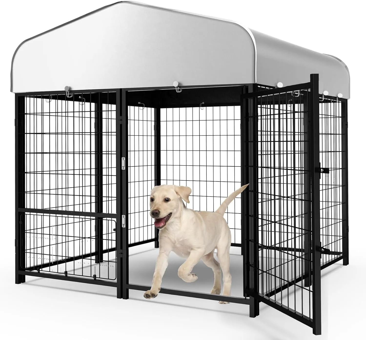 Dog Kennel Pen Outside Outdoor Dog Run with Roof, Feeders/Removable Doggy Door Allow Connecting Your Dog House- Square Pet Enclosure Outside Yard for Small/Medium Dogs(4'L x 4'W x 4.5'H)