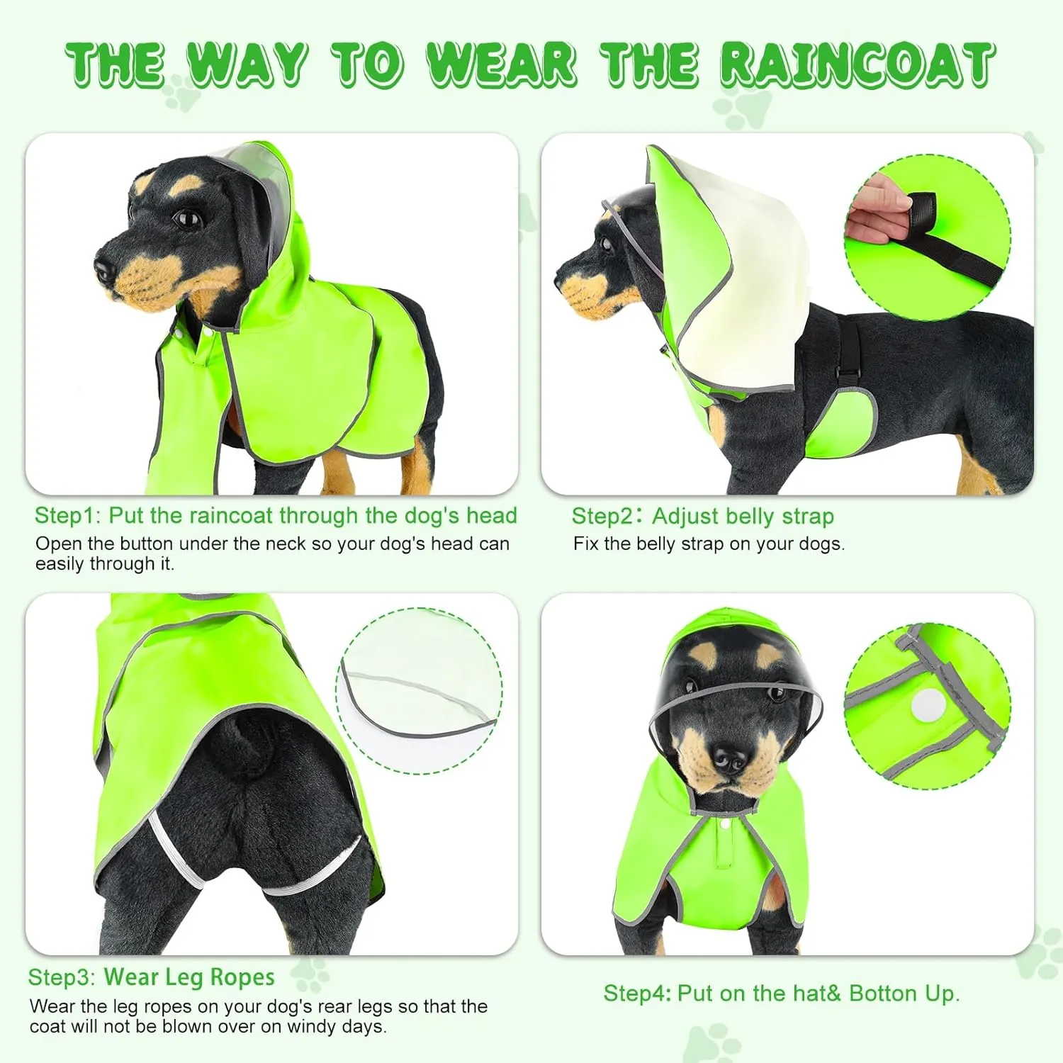 Dog Raincoat- BSEEN Waterproof Dog Rain Jacket - Lightweight Pet Rain Coats - Reflective Puppy Rainwear Hooded Doggy Poncho Slicker for Walking& Camping (Green, Small)