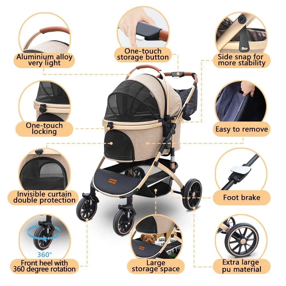 Dog stroller with 4 Wheels, Folding Cat Stroller for Small/Medium/Large dogs & cats to 60 lbs, pet stroller with removable carrier, Storage Basket,Cup Holder,3 in1 Multifunctiona Detachable