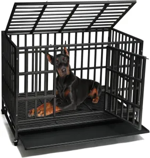 Enhanced Heavy Duty Dog Kennel Crate Cage with Strong Metal Frame, Double Doors and Lockable Wheels, for Extra Large Dog Breeds, Pet Playpen (Square, 48 inch)