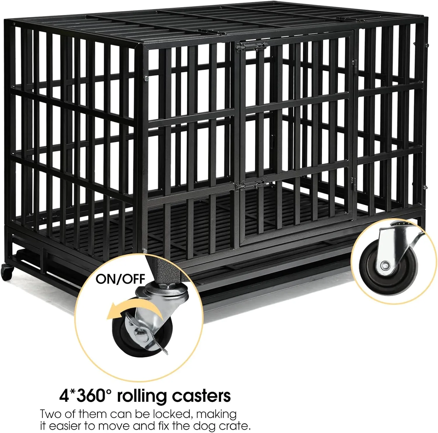 Enhanced Heavy Duty Dog Kennel Crate Cage with Strong Metal Frame, Double Doors and Lockable Wheels, for Extra Large Dog Breeds, Pet Playpen (Square, 48 inch)