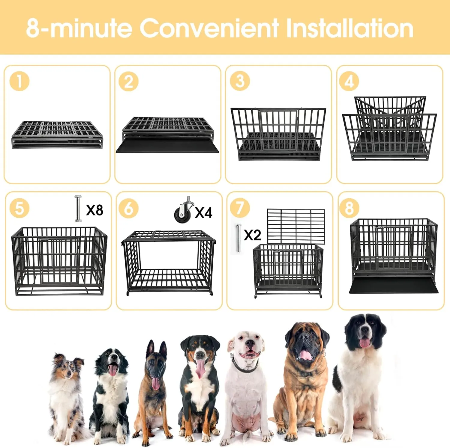 Enhanced Heavy Duty Dog Kennel Crate Cage with Strong Metal Frame, Double Doors and Lockable Wheels, for Extra Large Dog Breeds, Pet Playpen (Square, 48 inch)