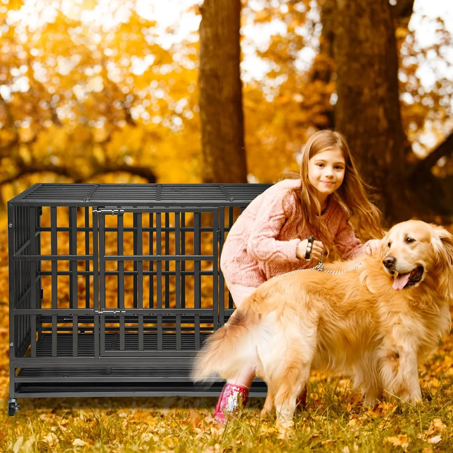 Enhanced Heavy Duty Dog Kennel Crate Cage with Strong Metal Frame, Double Doors and Lockable Wheels, for Extra Large Dog Breeds, Pet Playpen (Square, 48 inch)