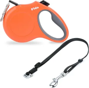 Fida Retractable Dog Leash & Dual Dog Leash Accessory, Patented Roller Design, No Tangle, Reflective, Adjustable 15' to 30', Orange, Small & Medium Dogs Up to 65lbs