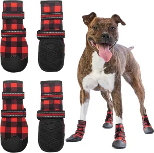 FLYSTAR Dog Shoes for Medium Large Dogs, Waterproof Anti-Slip Rain/Snow Winter Warm Outdoor Dog Boots, Adjustable Reflective Rubber Sole Paw Protector Dog Shoes for Running Hiking Walking,etc.