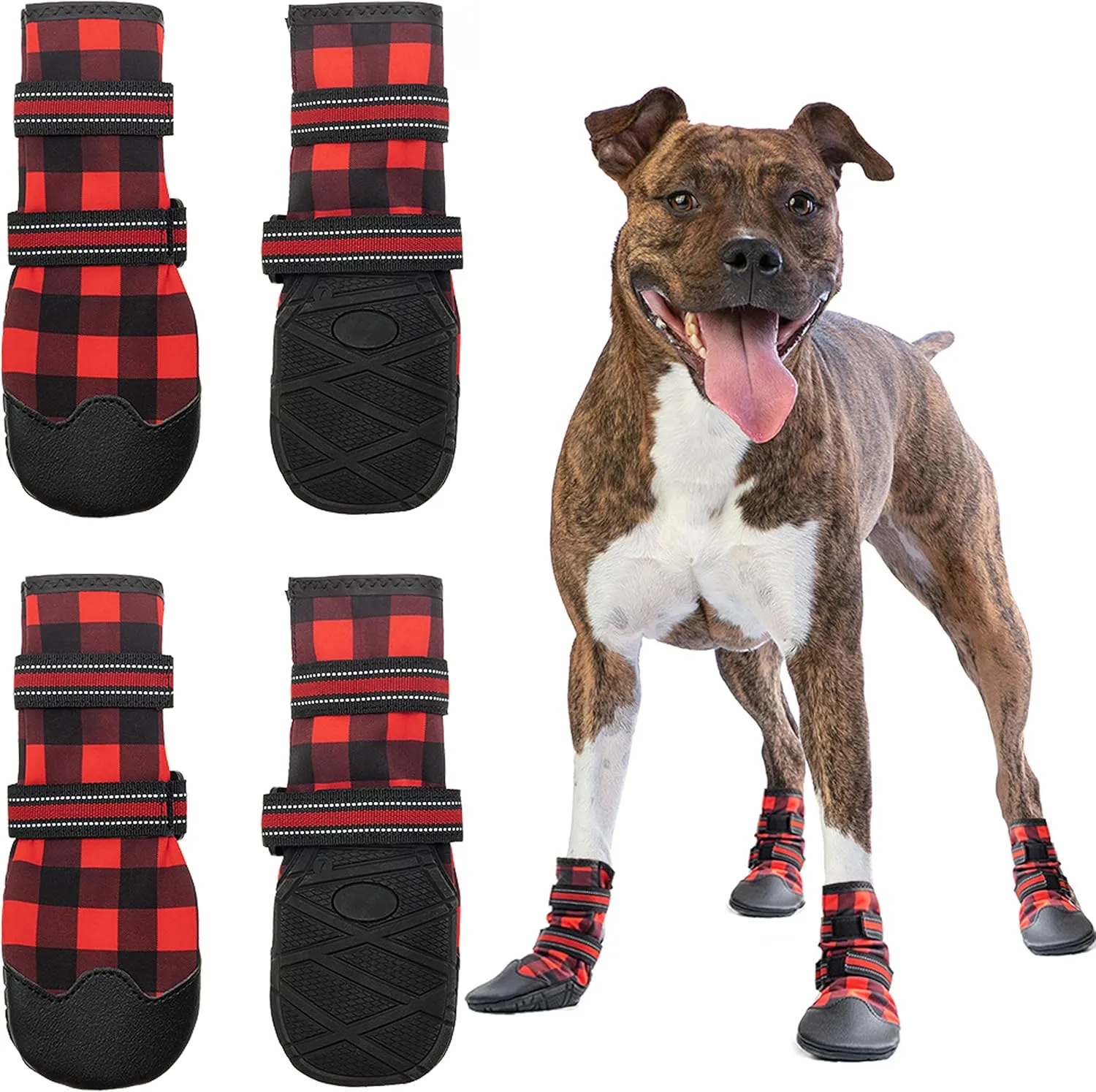 FLYSTAR Dog Shoes for Medium Large Dogs, Waterproof Anti-Slip Rain/Snow Winter Warm Outdoor Dog Boots, Adjustable Reflective Rubber Sole Paw Protector Dog Shoes for Running Hiking Walking,etc.