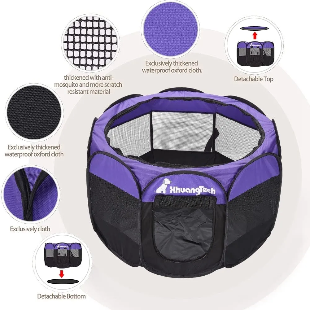 Foldable Pet Dog Playpen, Pop Up Portable Cat Playpen, Indoor/Outdoor for Kitten Puppy Play Pen, Cats Crate Tent with Carrying Bag, 600D Oxford (Purple   Black, Medium (31.5"x31.5"x23"), 8)