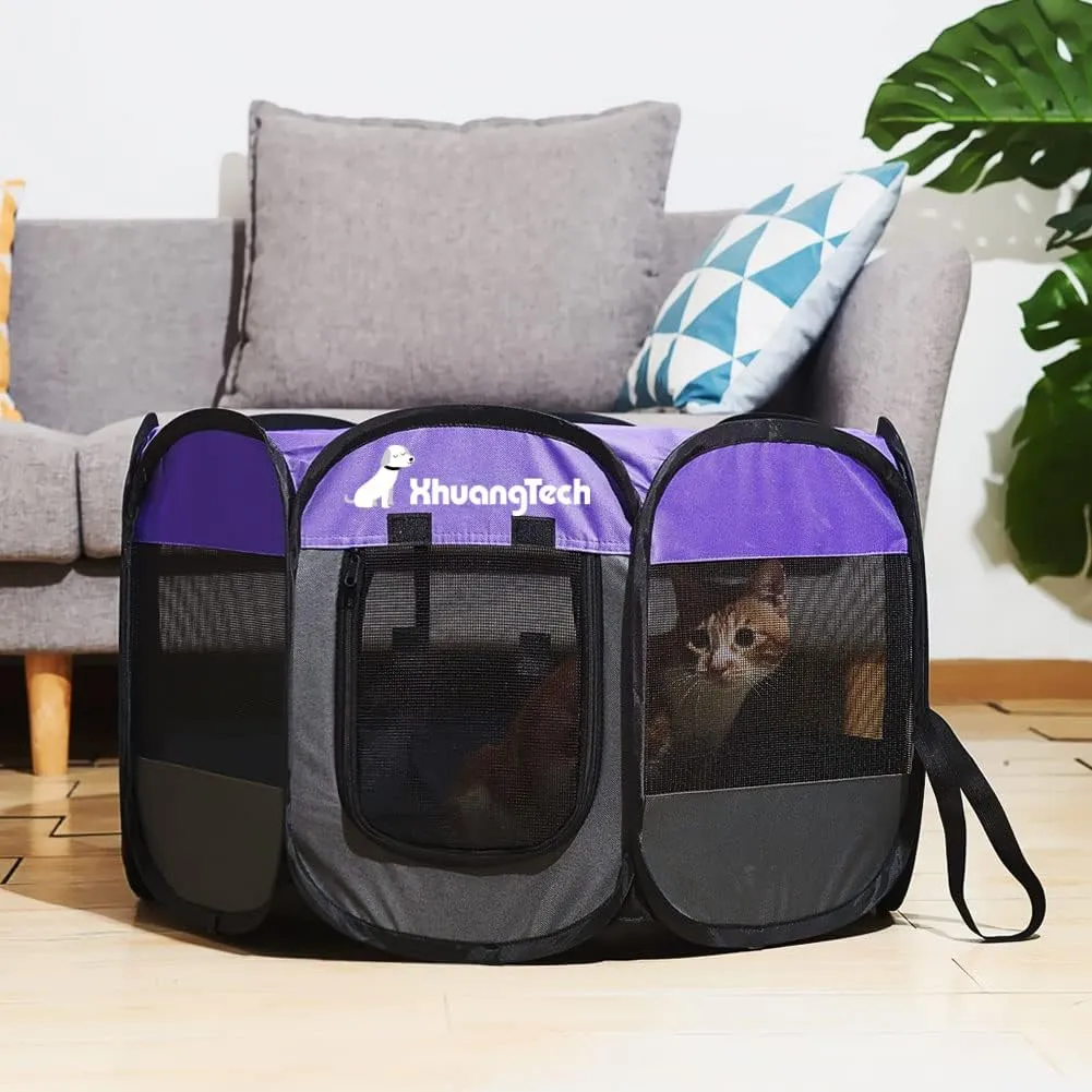 Foldable Pet Dog Playpen, Pop Up Portable Cat Playpen, Indoor/Outdoor for Kitten Puppy Play Pen, Cats Crate Tent with Carrying Bag, 600D Oxford (Purple   Black, Medium (31.5"x31.5"x23"), 8)