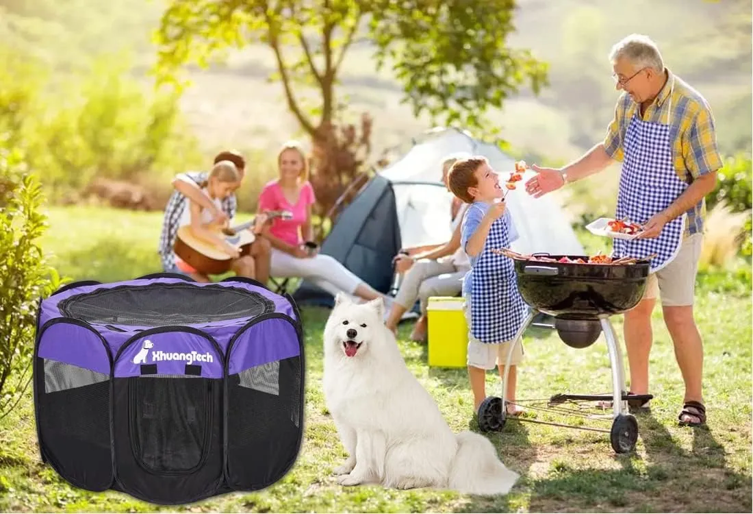 Foldable Pet Dog Playpen, Pop Up Portable Cat Playpen, Indoor/Outdoor for Kitten Puppy Play Pen, Cats Crate Tent with Carrying Bag, 600D Oxford (Purple   Black, Medium (31.5"x31.5"x23"), 8)