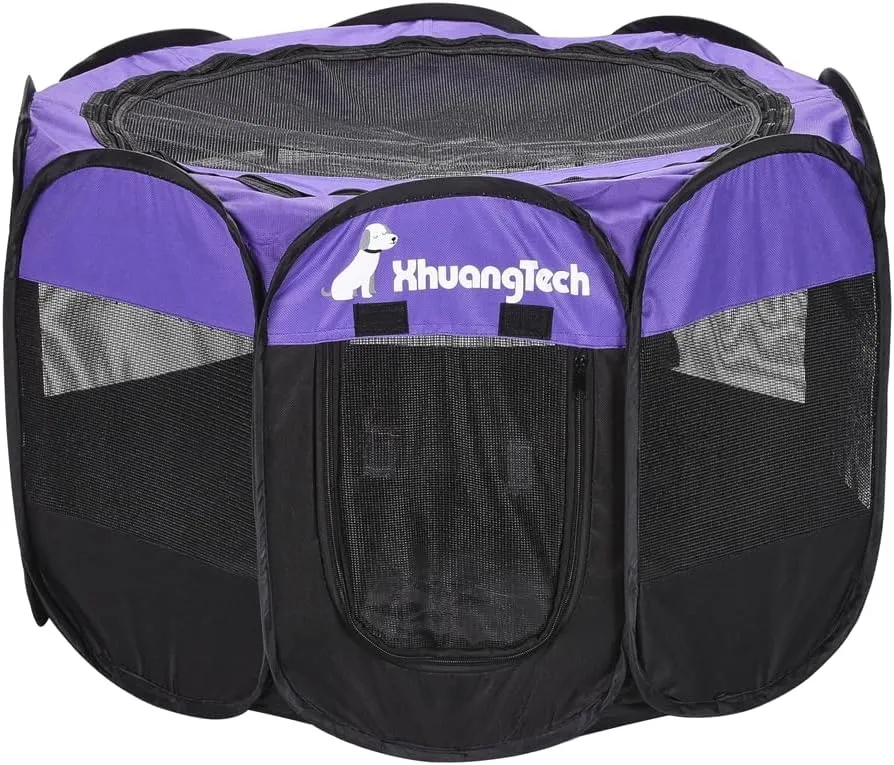 Foldable Pet Dog Playpen, Pop Up Portable Cat Playpen, Indoor/Outdoor for Kitten Puppy Play Pen, Cats Crate Tent with Carrying Bag, 600D Oxford (Purple   Black, Medium (31.5"x31.5"x23"), 8)