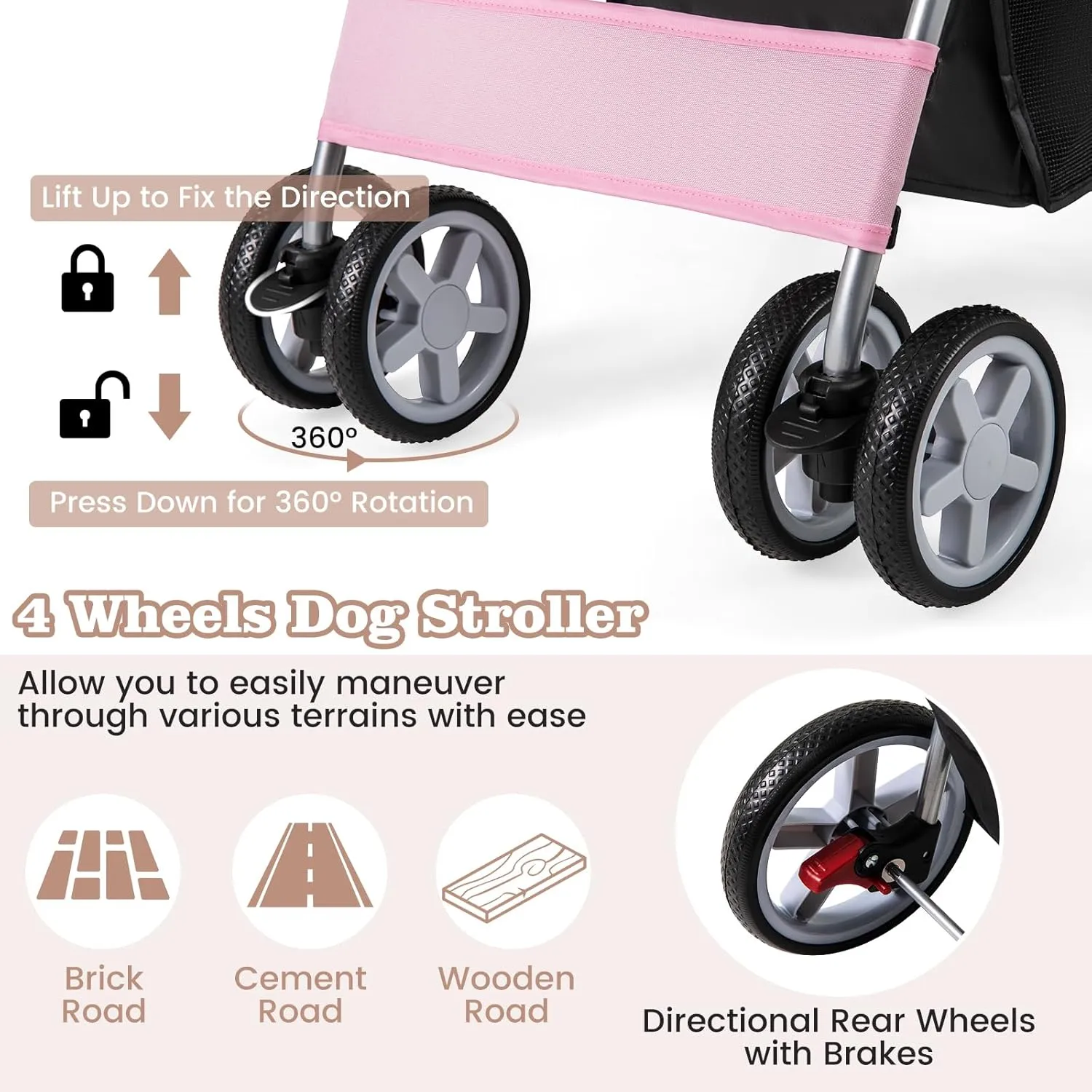 Giantex Folding Dog Stroller for Small Medium Dogs Cats Puppy, 4 Lockable Wheels Cat Stroller Pet Travel Carrier Strolling Cart, Safety Belt, Removable Liner and Storage Basket (Light Pink)