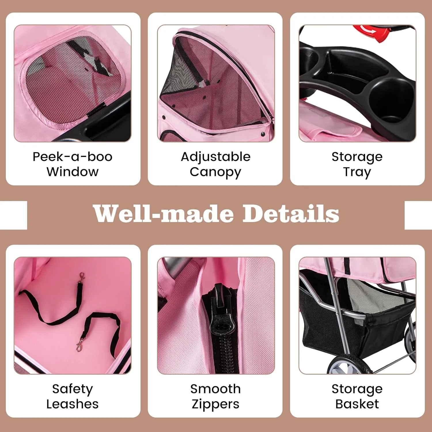 Giantex Folding Dog Stroller for Small Medium Dogs Cats Puppy, 4 Lockable Wheels Cat Stroller Pet Travel Carrier Strolling Cart, Safety Belt, Removable Liner and Storage Basket (Light Pink)