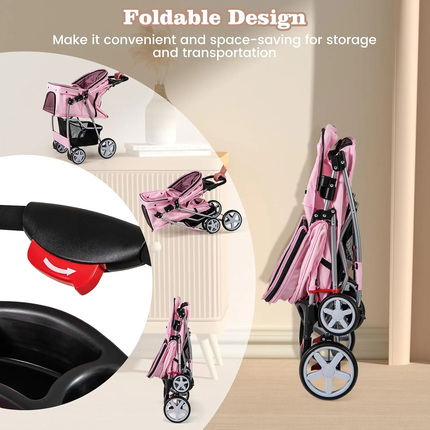 Giantex Folding Dog Stroller for Small Medium Dogs Cats Puppy, 4 Lockable Wheels Cat Stroller Pet Travel Carrier Strolling Cart, Safety Belt, Removable Liner and Storage Basket (Light Pink)