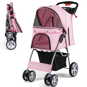Giantex Folding Dog Stroller for Small Medium Dogs Cats Puppy, 4 Lockable Wheels Cat Stroller Pet Travel Carrier Strolling Cart, Safety Belt, Removable Liner and Storage Basket (Light Pink)
