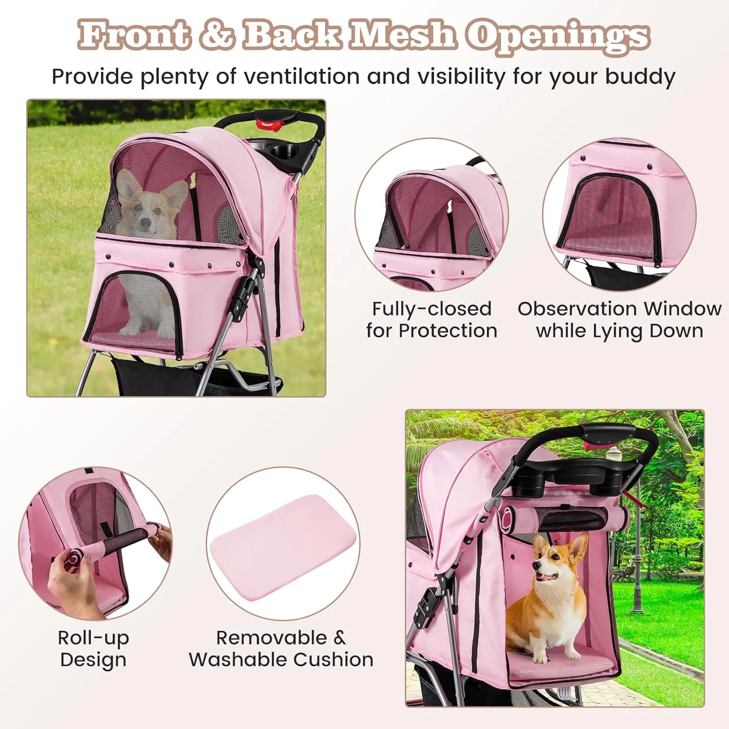 Giantex Folding Dog Stroller for Small Medium Dogs Cats Puppy, 4 Lockable Wheels Cat Stroller Pet Travel Carrier Strolling Cart, Safety Belt, Removable Liner and Storage Basket (Light Pink)
