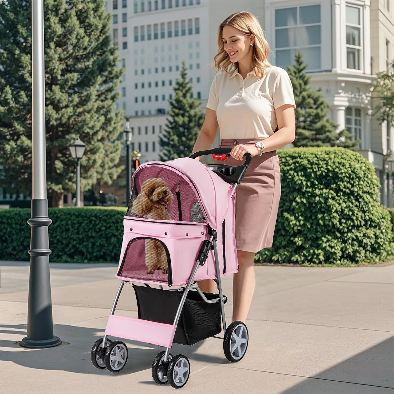 Giantex Folding Dog Stroller for Small Medium Dogs Cats Puppy, 4 Lockable Wheels Cat Stroller Pet Travel Carrier Strolling Cart, Safety Belt, Removable Liner and Storage Basket (Light Pink)