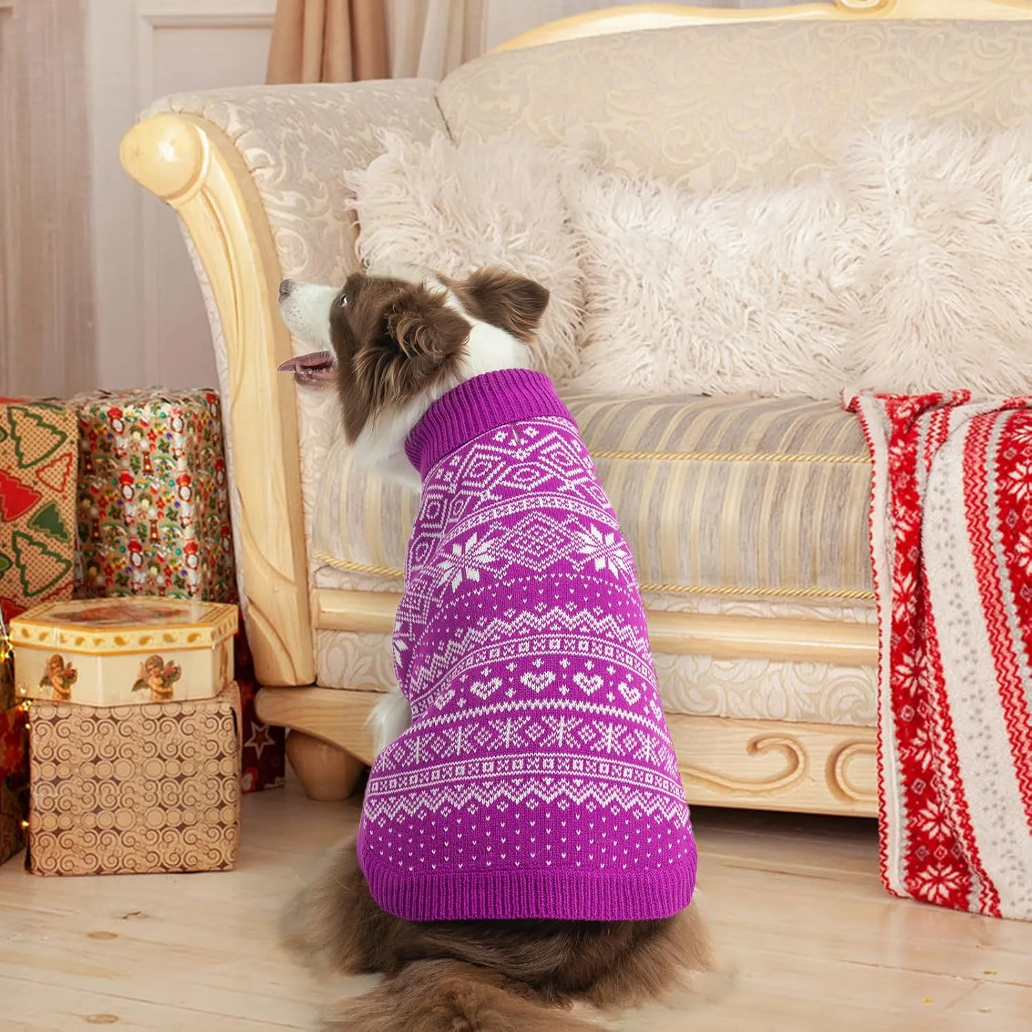 HOMIMP Dog Sweater Argyle - Warm Sweater Winter Clothes Puppy Soft Coat, Ugly Dog Sweater for Small Medium and Large Dogs, Pet Clothing Boy Girl, Purple S