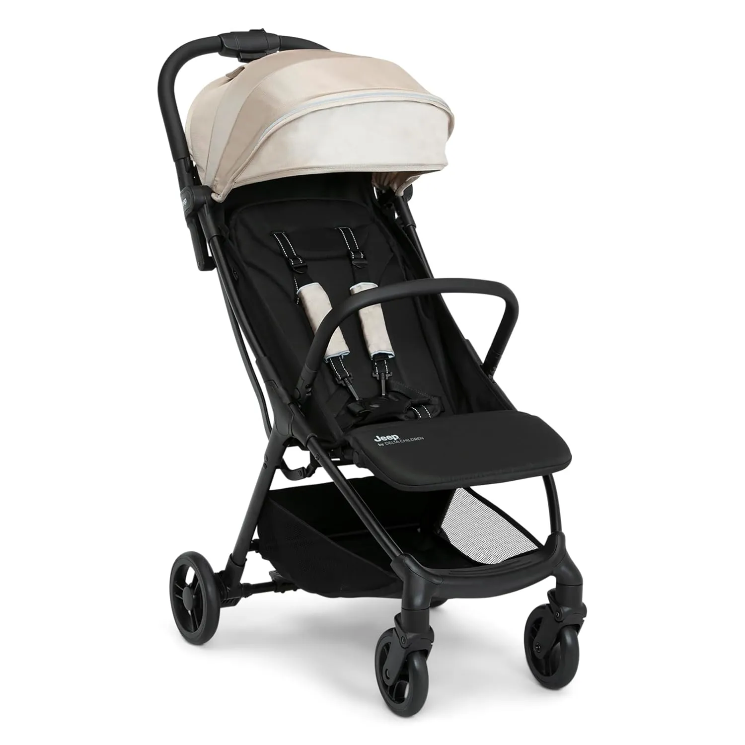 Jeep Altitude Compact Travel Stroller by Delta Children Greenguard Gold, Easy One Hand Fold, Lightweight, Extendable Canopy with Peek-a-Boo Window, Reclining Seat, 4 Wheel Suspension, Tan