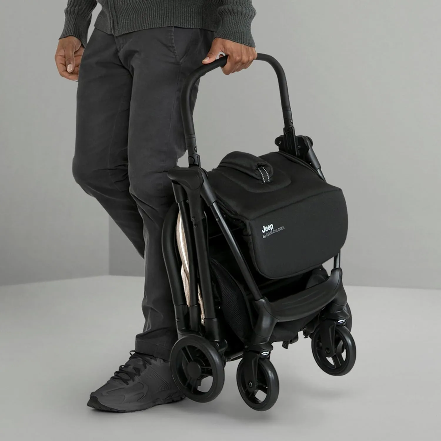 Jeep Altitude Compact Travel Stroller by Delta Children Greenguard Gold, Easy One Hand Fold, Lightweight, Extendable Canopy with Peek-a-Boo Window, Reclining Seat, 4 Wheel Suspension, Tan