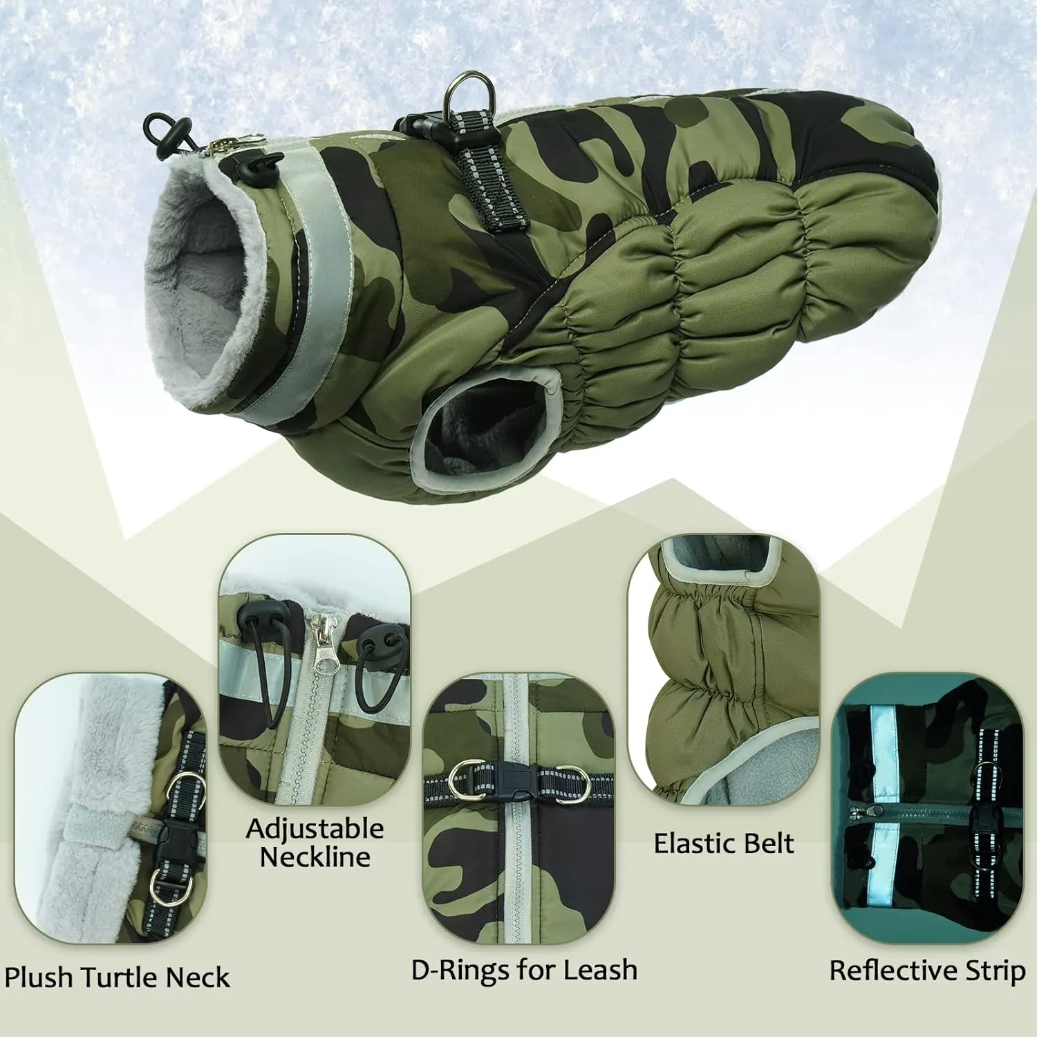 Lelepet Small Dog Winter Coat - Waterproof, Windproof, Reflective, Padded, Fleece, Turtleneck, Zippered Snow Jacket with Harness, Camo, XS