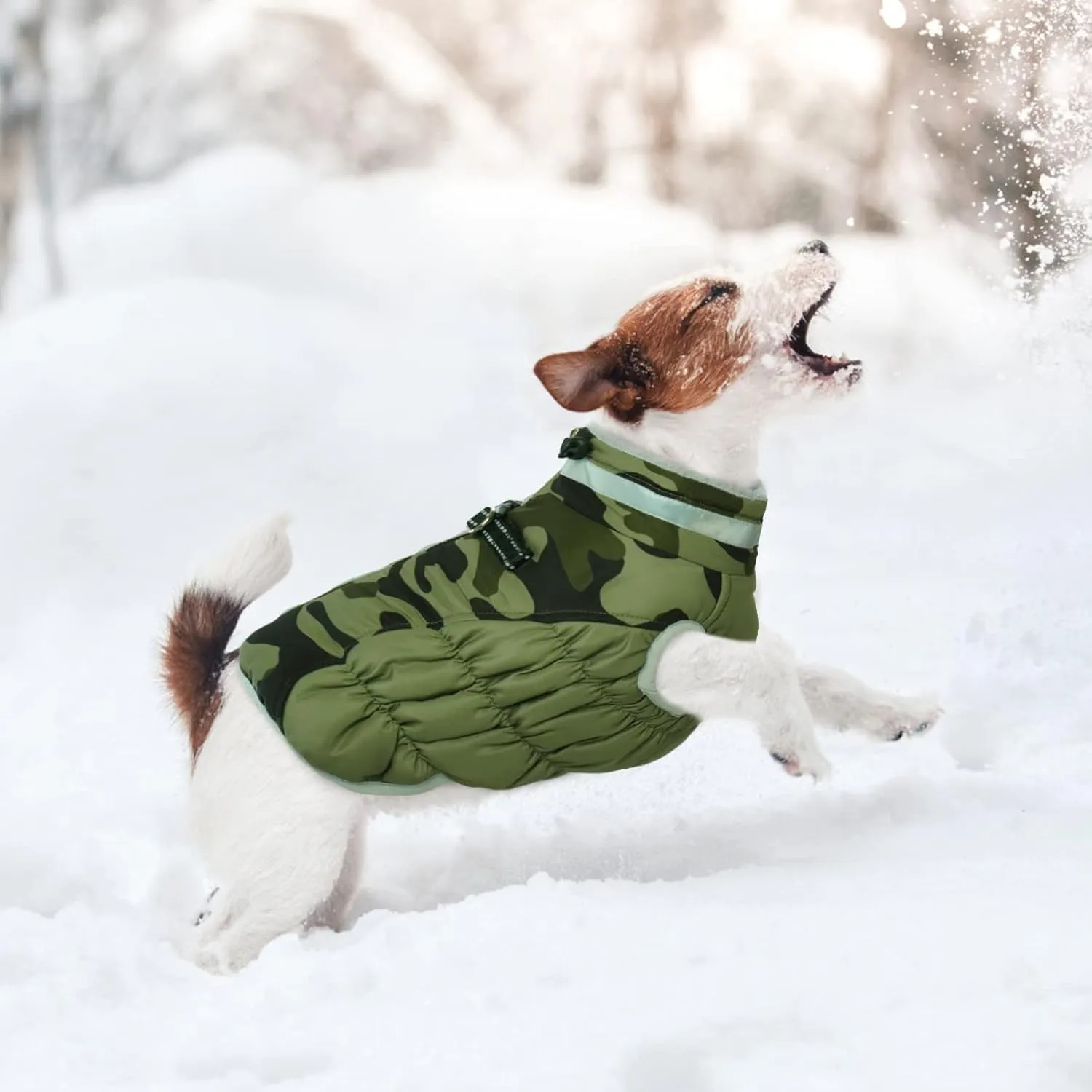 Lelepet Small Dog Winter Coat - Waterproof, Windproof, Reflective, Padded, Fleece, Turtleneck, Zippered Snow Jacket with Harness, Camo, XS