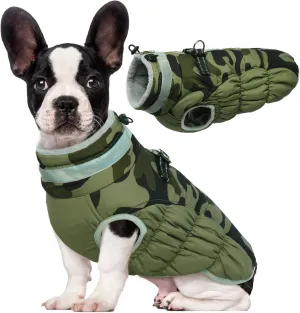 Lelepet Small Dog Winter Coat - Waterproof, Windproof, Reflective, Padded, Fleece, Turtleneck, Zippered Snow Jacket with Harness, Camo, XS