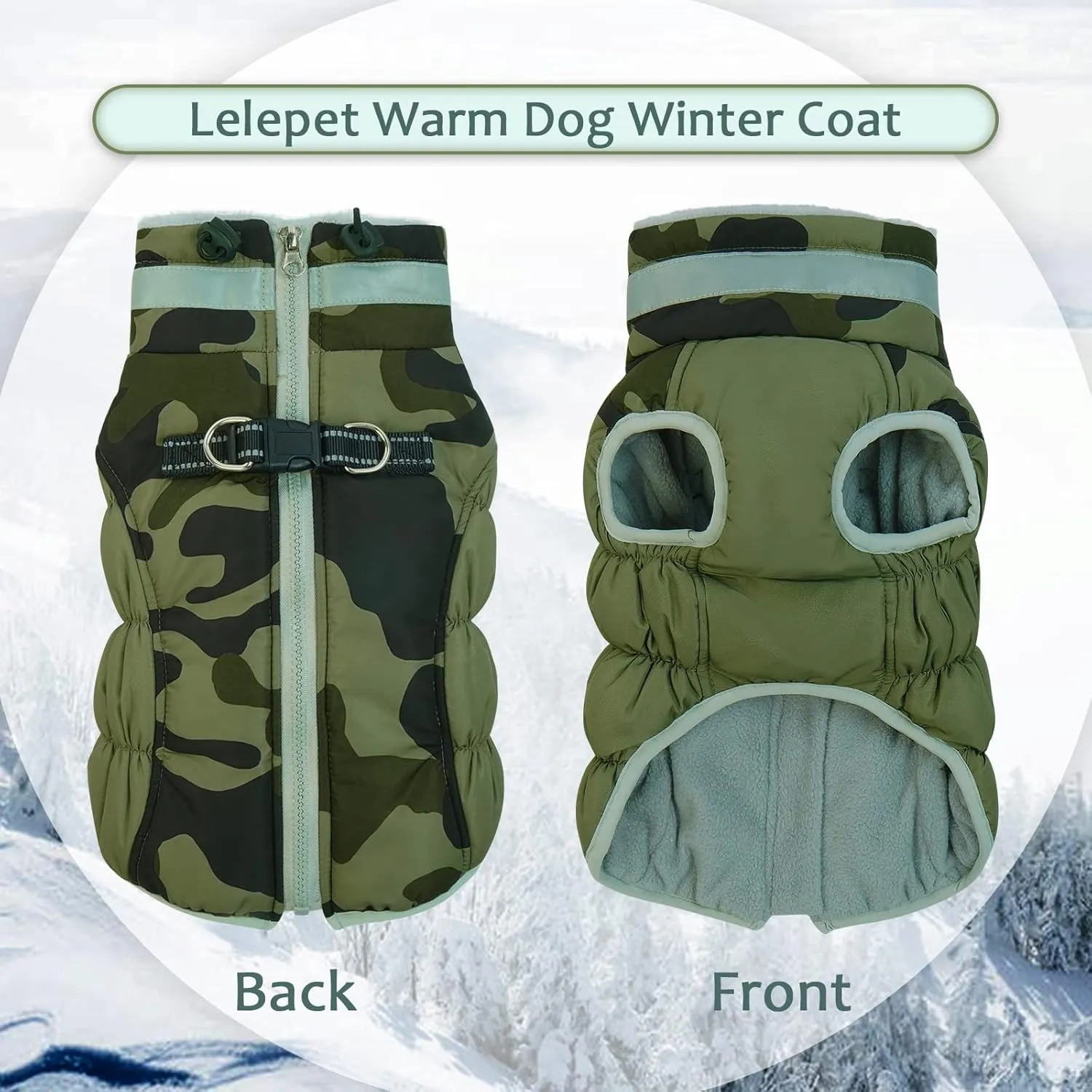 Lelepet Small Dog Winter Coat - Waterproof, Windproof, Reflective, Padded, Fleece, Turtleneck, Zippered Snow Jacket with Harness, Camo, XS