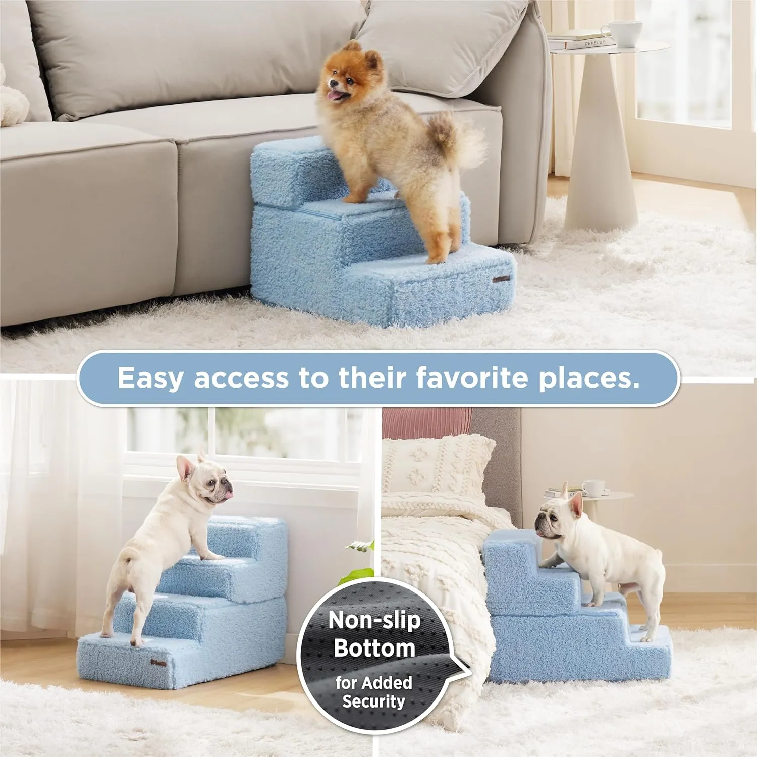Lesure Dog Stairs for Small Dogs and Cats Foldable Pet Steps for High Beds and Couch with CertiPUR-US Certified Foam and Non-Slip Bottom, Blue, 4 Steps