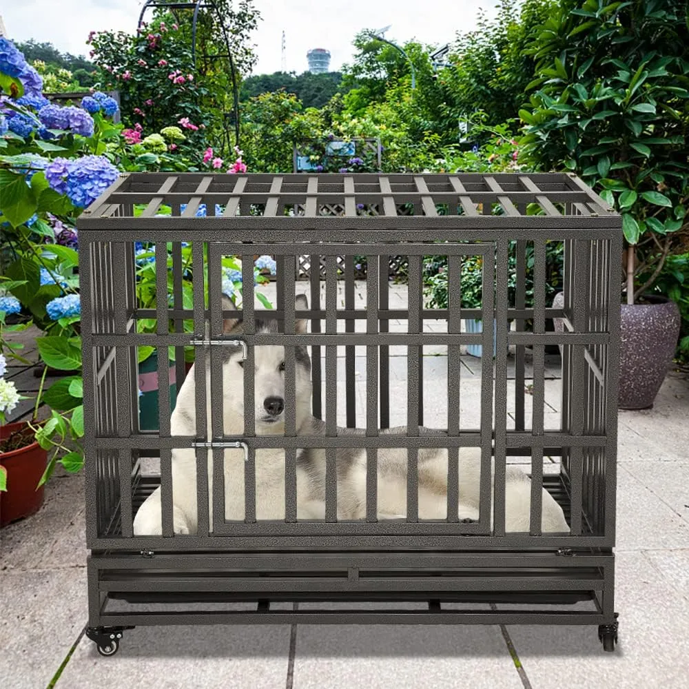 LUCKUP Empire Heavy Duty Dog Cage Metal Kennel and Crate for Medium and Large Dogs, Pet Playpen with Four Wheels, Easy to Install, 38 inch, Black