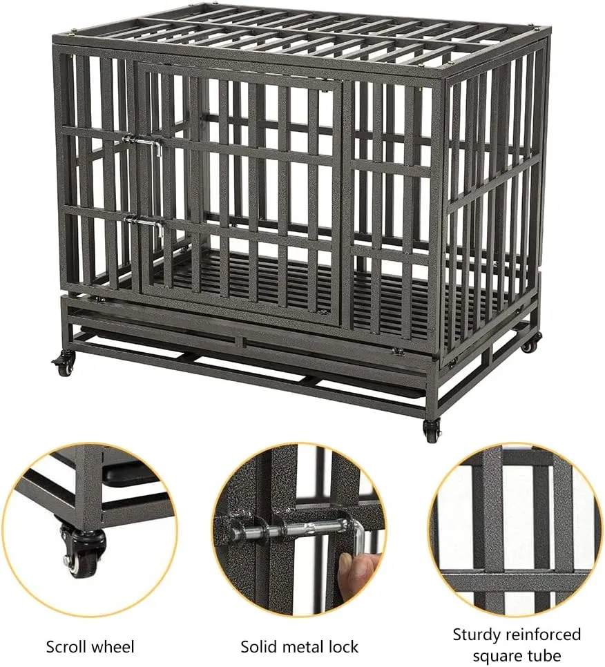LUCKUP Empire Heavy Duty Dog Cage Metal Kennel and Crate for Medium and Large Dogs, Pet Playpen with Four Wheels, Easy to Install, 38 inch, Black