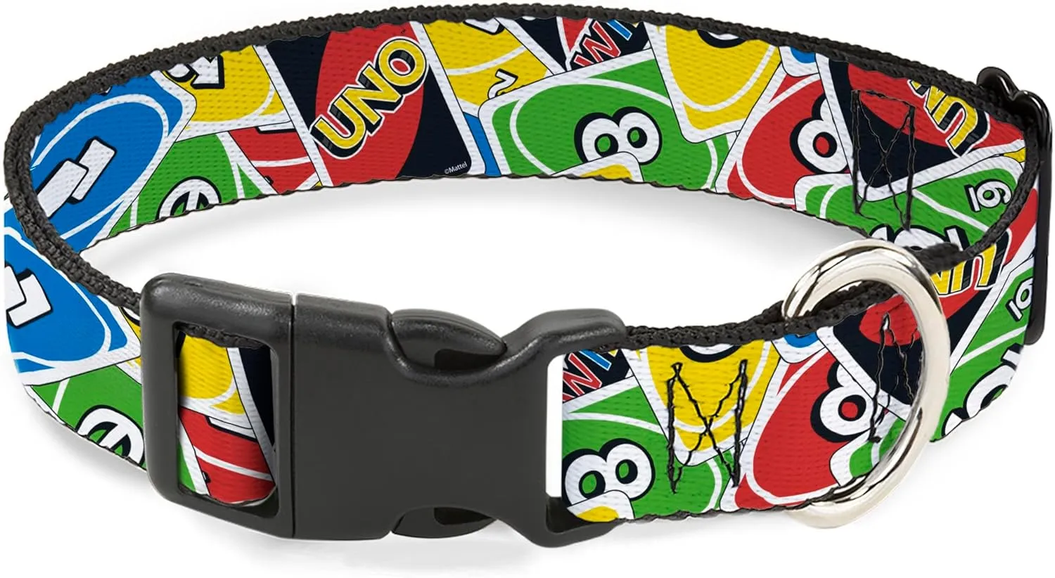 Mattel Pet Collar, Dog Collar Plastic Buckle, UNO Cards Stacked Collage Multi Color, 15 to 24 Inches 1.0 Inch Wide