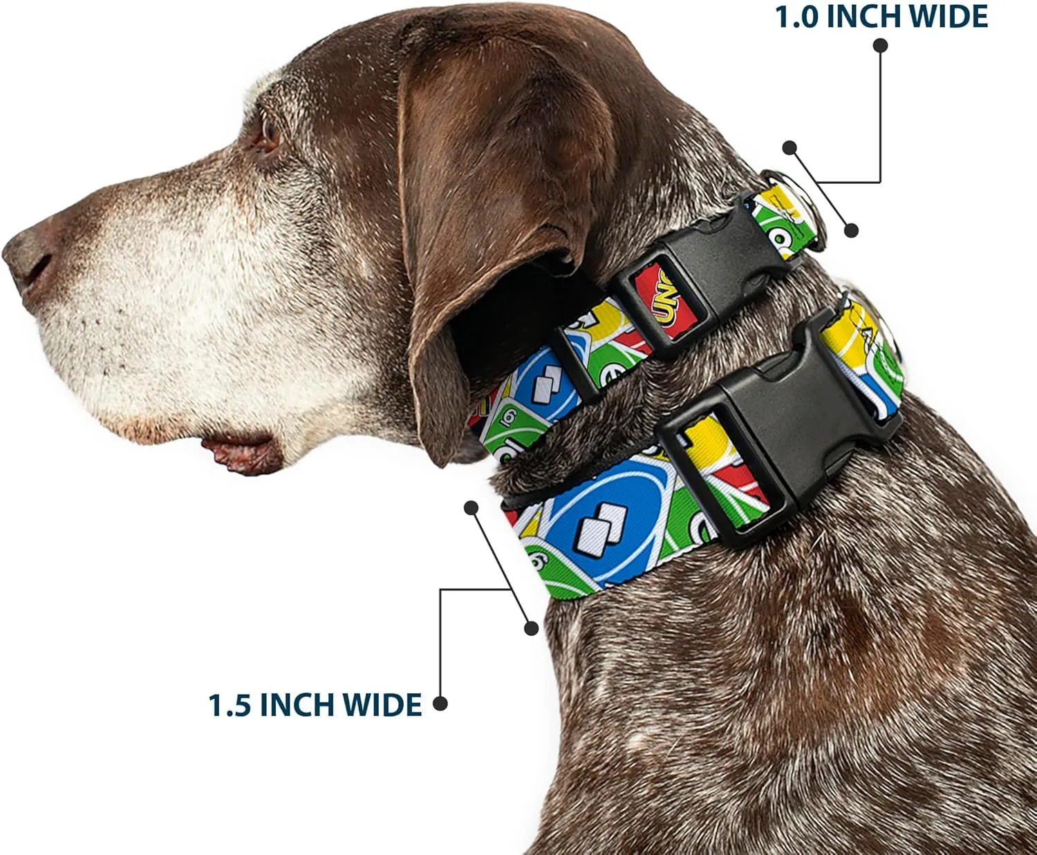Mattel Pet Collar, Dog Collar Plastic Buckle, UNO Cards Stacked Collage Multi Color, 15 to 24 Inches 1.0 Inch Wide