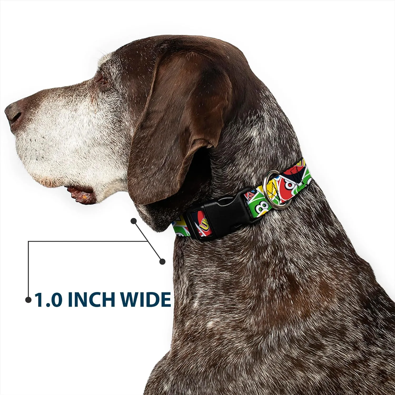 Mattel Pet Collar, Dog Collar Plastic Buckle, UNO Cards Stacked Collage Multi Color, 15 to 24 Inches 1.0 Inch Wide