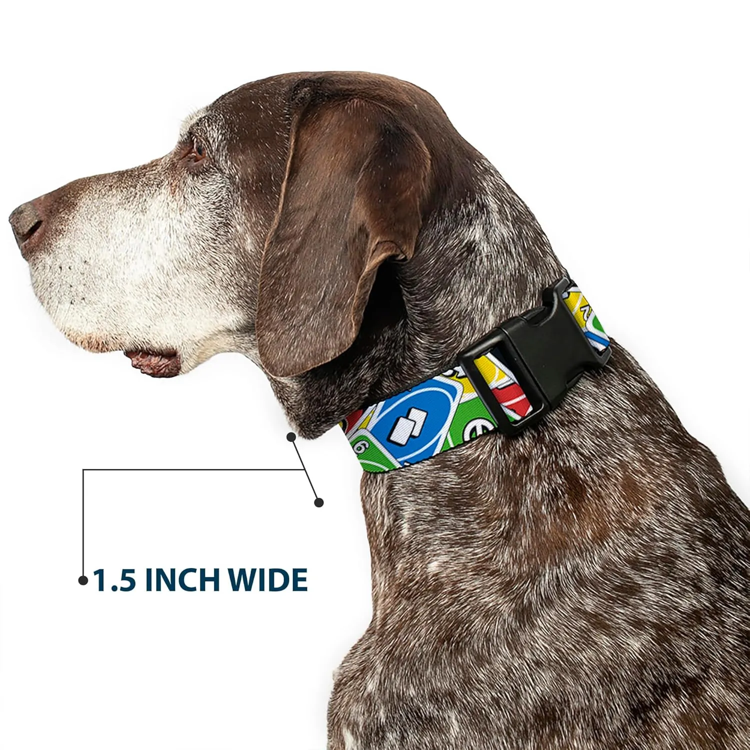 Mattel Pet Collar, Dog Collar Plastic Buckle, UNO Cards Stacked Collage Multi Color, 15 to 24 Inches 1.0 Inch Wide