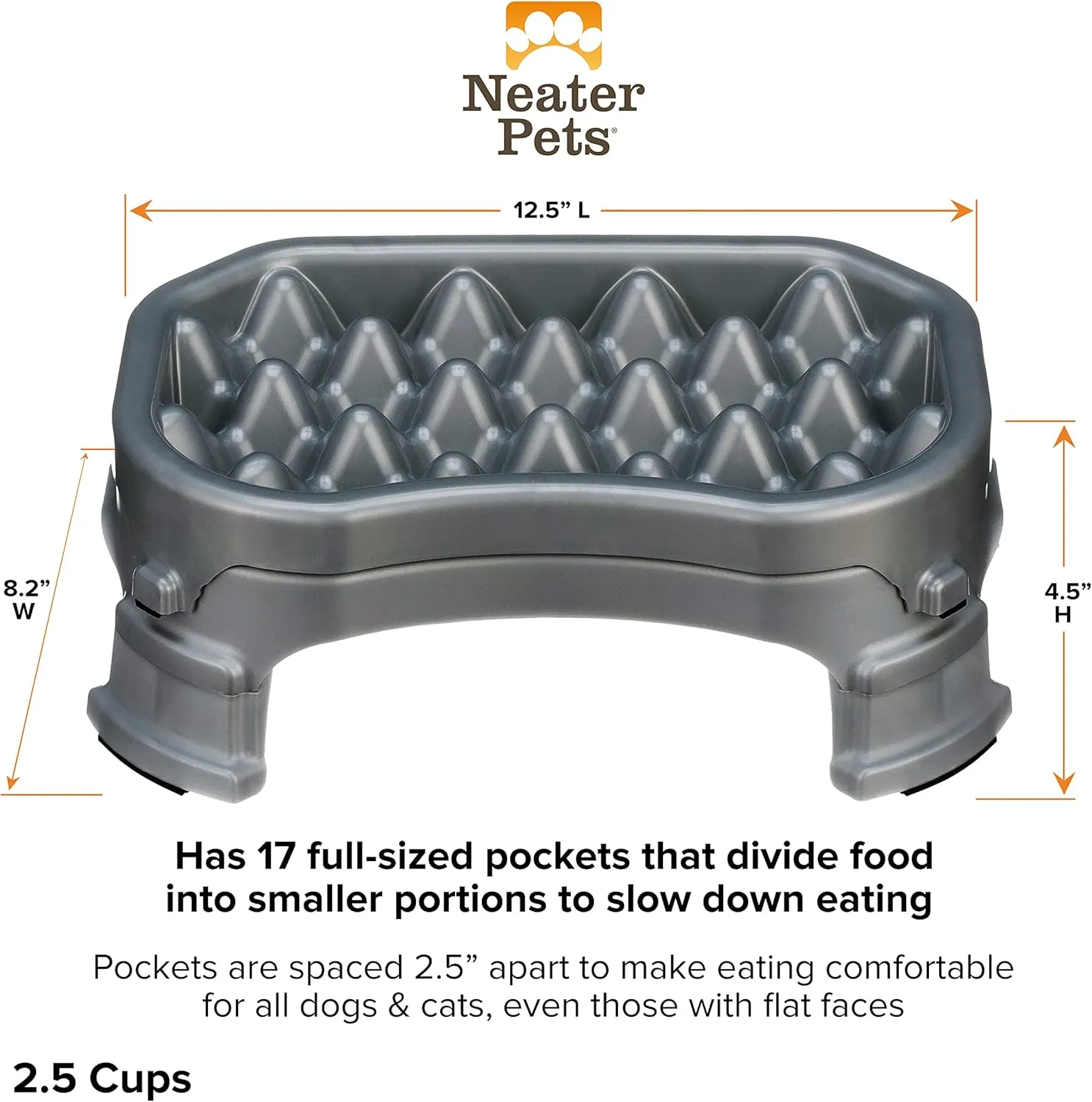 Neater Pet Brands  Neater Raised Slow Feeder Dog Bowl  Elevated and Adjustable Food Height - (2.5 Cup, Gunmetal)